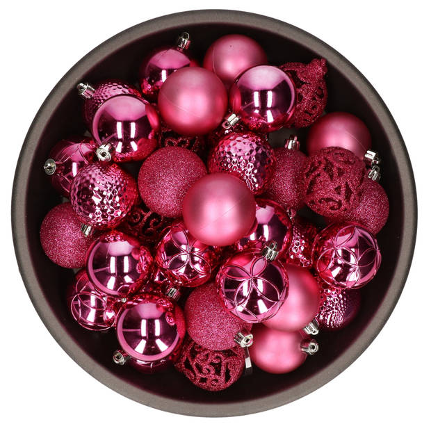 37x stuks kunststof kerstballen fuchsia roze 6 cm glans/mat/glitter mix - Kerstbal