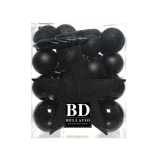 Bellatio Decorations set 33x stuks kunststof kerstballen met ster piek zwart - Kerstbal