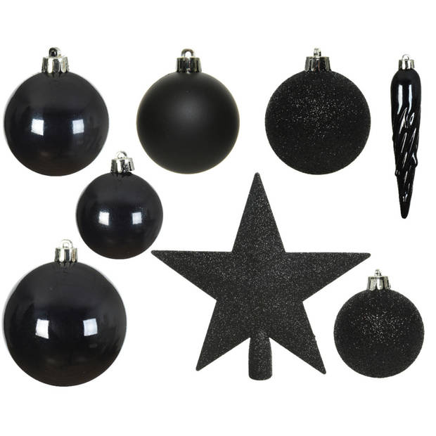 Kerstversiering kerstballen 5-6-8 cm met ster piek en folieslingers pakket zwart van 35x stuks - Kerstbal