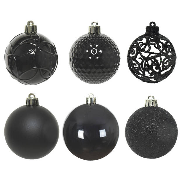 37x stuks kunststof kerstballen zwart 6 cm glans/mat/glitter mix - Kerstbal