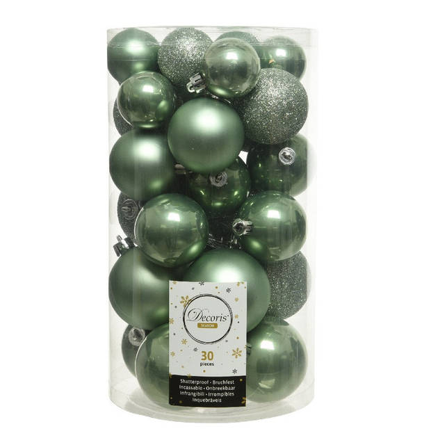 60x Kunststof kerstballen glanzend/mat/glitter salie groen kerstboom versiering/decoratie - Kerstbal