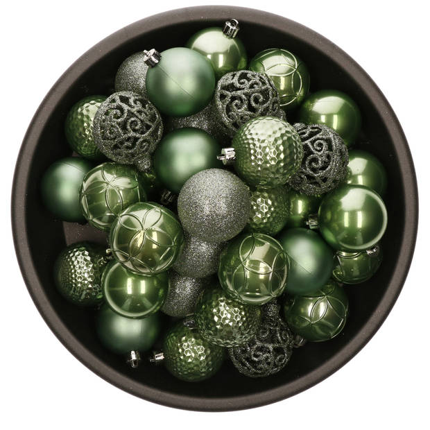 37x stuks kunststof kerstballen salie groen 6 cm glans/mat/glitter mix - Kerstbal