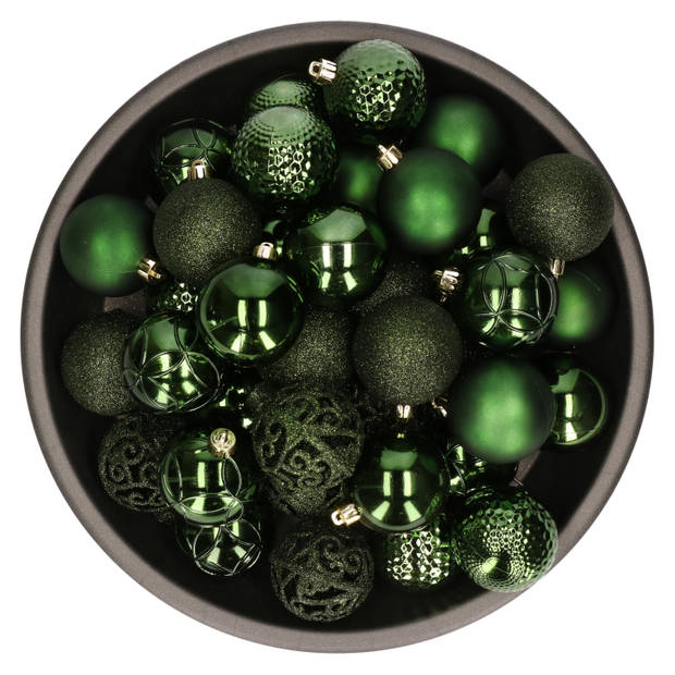 37x stuks kunststof kerstballen donkergroen 6 cm glans/mat/glitter mix - Kerstbal