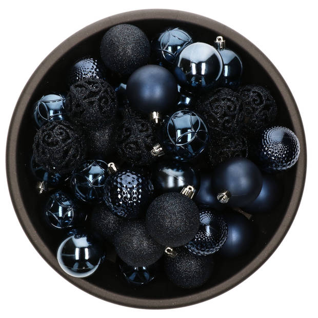Kunststof kerstballen 74x stuks donkerblauw en bruin 6 cm - Kerstbal