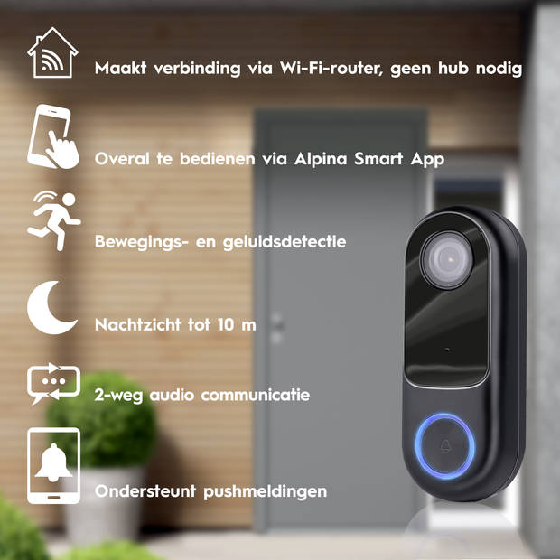 Alpina Smart Home Video-Deurbel met Camera en Wifi - Full HD - Intercom - Nachtzicht - Sensor - IP54