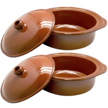 Set van 2x stuks tapas terracotta ovenschalen/stoofpotten cocotte met deksel 26 cm - Braadpannen