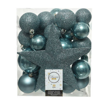 33x stuks kunststof kerstballen met ster piek ijsblauw (blue dawn) - Kerstbal