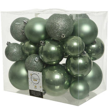 26x Kunststof kerstballen mix salie groen 6-8-10 cm kerstboom versiering/decoratie - Kerstbal