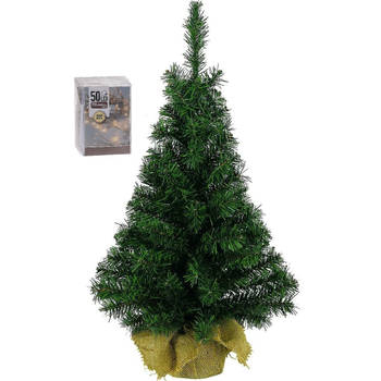 Volle kunst kerstboom 75 cm in jute zak inclusief 50 warm witte lampjes - Kunstkerstboom