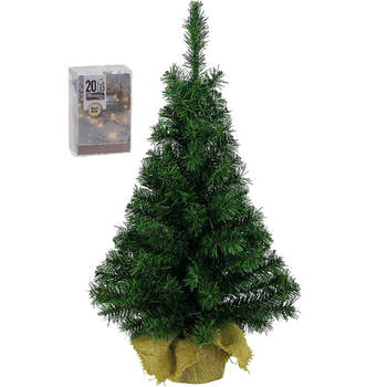 Volle kunst kerstboom 45 cm in jute zak inclusief 20 warm witte lampjes - Kunstkerstboom