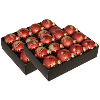Kerstboomversiering 24x luxe glazen kerstballen rood/goud 7,5 cm - Kerstbal