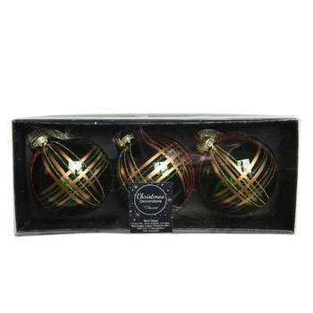 3x stuks luxe glazen kerstballen brass gedecoreerd groen 8 cm - Kerstbal
