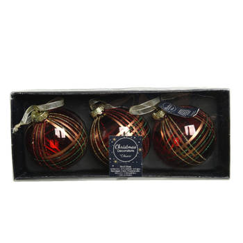 6x stuks luxe glazen kerstballen brass gedecoreerd rood 8 cm - Kerstbal