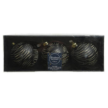 3x stuks luxe glazen kerstballen brass zwart met goud 8 cm - Kerstbal