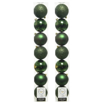 14x stuks kunststof kerstballen donkergroen (pine) 8 cm glans/mat/glitter - Kerstbal