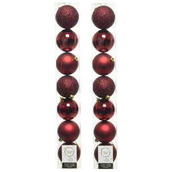 14x stuks kunststof kerstballen donkerrood (oxblood) 8 cm glans/mat/glitter - Kerstbal