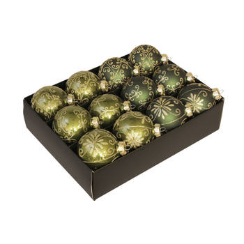 12x Glazen gedecoreerde donkergroen met gouden kerstballen 7,5 cm - Kerstbal