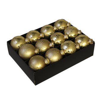 12x Luxe glazen gouden sneeuwvlokken/sterren kerstballen 7,5 cm - Kerstbal