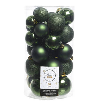 30x Kunststof kerstballen glanzend/mat/glitter donkergroen kerstboom versiering/decoratie - Kerstbal