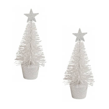 2x stuks klein wit kerstboompje 15 cm kerstdecoratie/kerstversiering - Kunstkerstboom