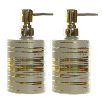 2x stuks zeeppompjes/zeepdispensers beige met gouden strepen van glas 450 ml - Zeeppompjes