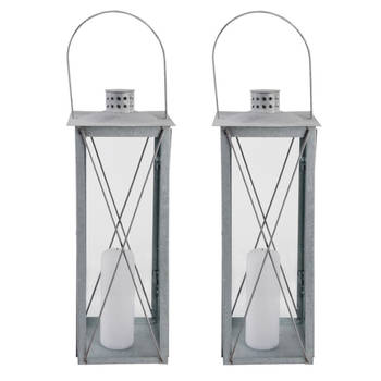 Set van 2x stuks zilveren tuin lantaarn/windlicht van zink 19,8 x 19,8 x 51,3 cm - Lantaarns