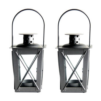 Set van 2x stuks zilveren tuin lantaarn/windlicht van ijzer 7,5 x 7,5 x 11 cm - Lantaarns