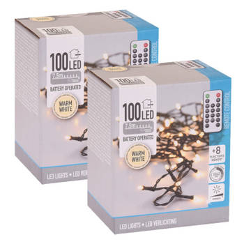 2x Boomverlichting op afstandsbediening warm wit 100 lampjes - Lichtsnoeren