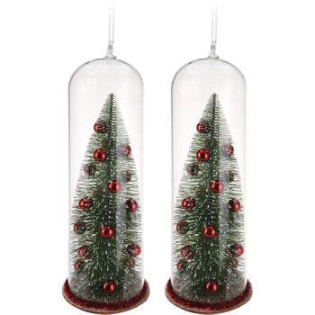 2x stuks rode kerstboom in stolp kerstversiering hangdecoratie 22 cm - Kersthangers