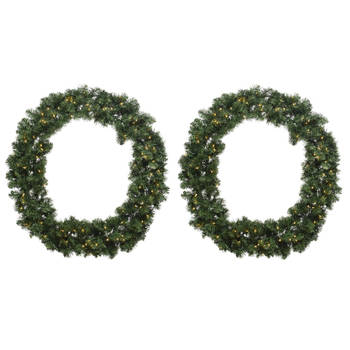 2x stuks kerstkransen/dennenkransen groen met warm witte verlichting en timer 50 cm - Kerstkransen