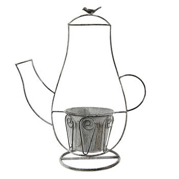 Clayre & Eef Planthouder Koffiepot 43x20x49 cm Grijs Ijzer Vogel Decoratie Plantenhouder Grijs Decoratie Plantenhouder