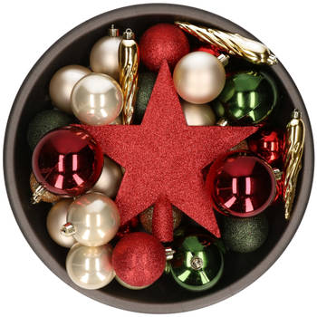 Set van 33x stuks kunststof kerstballen met ster piek rood/groen/champagne mix - Kerstbal