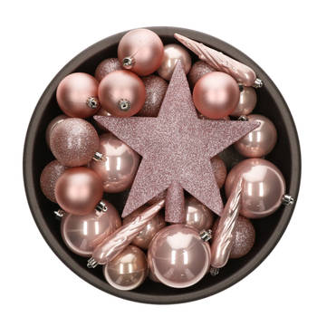 Set van 33x stuks kunststof kerstballen met ster piek lichtroze (blush pink) mix - Kerstbal