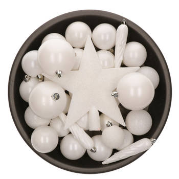 Set van 33x stuks kunststof kerstballen met ster piek wit mix - Kerstbal