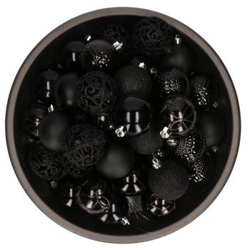 37x stuks kunststof kerstballen zwart 6 cm glans/mat/glitter mix - Kerstbal