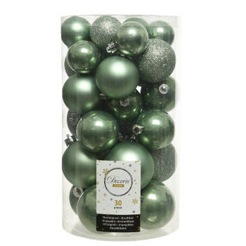 30x Kunststof kerstballen glanzend/mat/glitter salie groen kerstboom versiering/decoratie - Kerstbal