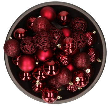 37x stuks kunststof kerstballen donkerrood (oxblood) 6 cm glans/mat/glitter mix - Kerstbal
