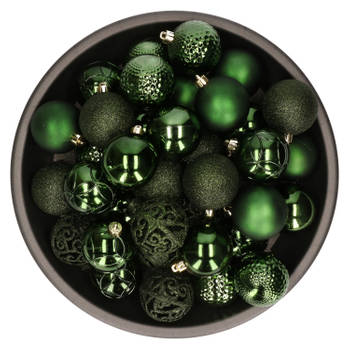 37x stuks kunststof kerstballen donkergroen 6 cm glans/mat/glitter mix - Kerstbal