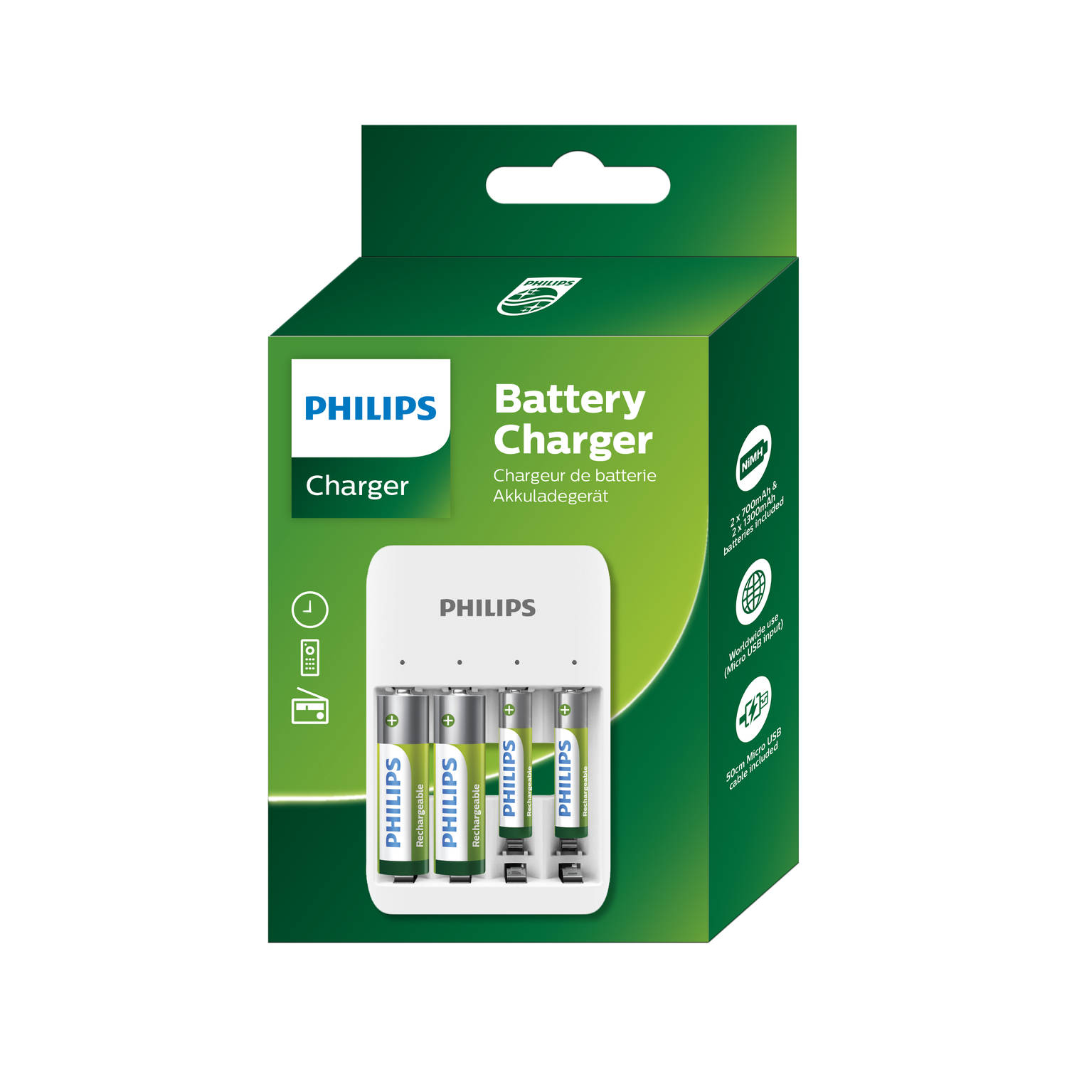 Philips Batterij Oplader - USB Oplaadbaar - Incl. AA Batterijen en AAA Batterijen - Universele Batterijlader