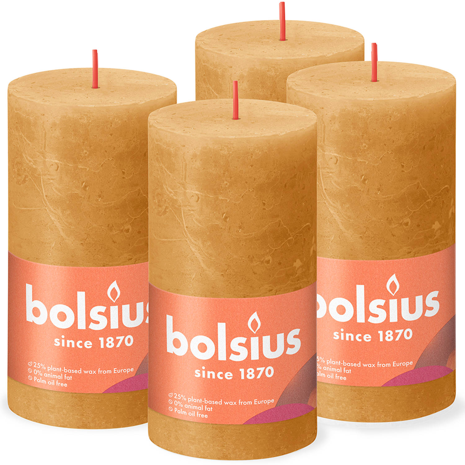 rammelaar rand Regenjas Bolsius - 4 rustieke kaarsen - okergeel - 13cm | Blokker