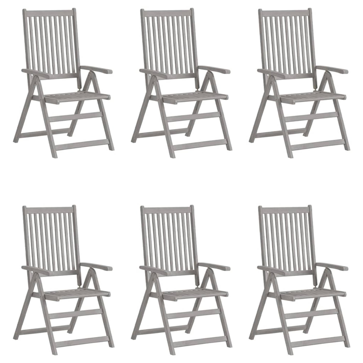 The Living Store Tuinstoelenset - Verstelbaar - Massief acaciahout - Grijs kussen - 6 stoelen