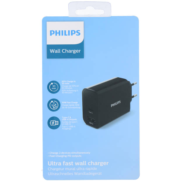 Philips DLP2621/12 Oplader - USB-Stekker - 2 Poorten - USB-C - USB-A - Snel Opladen - 30W - Zwart