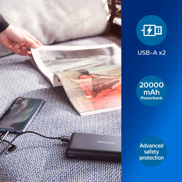 Philips DLP8720N/00 Powerbank - 2 USB-Poorten - LED-Indicator - Grote Capaciteit: 20000mAh - Zwart