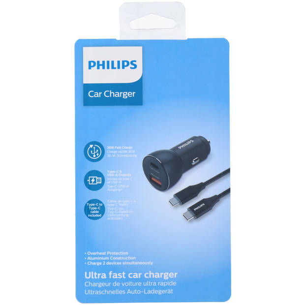 Philips Autolader USB A-C - DLP2521C/04 - incl. USB-C oplaadkabel - Auto Adapter - USB-C en USB-A - 36W Fast Charge