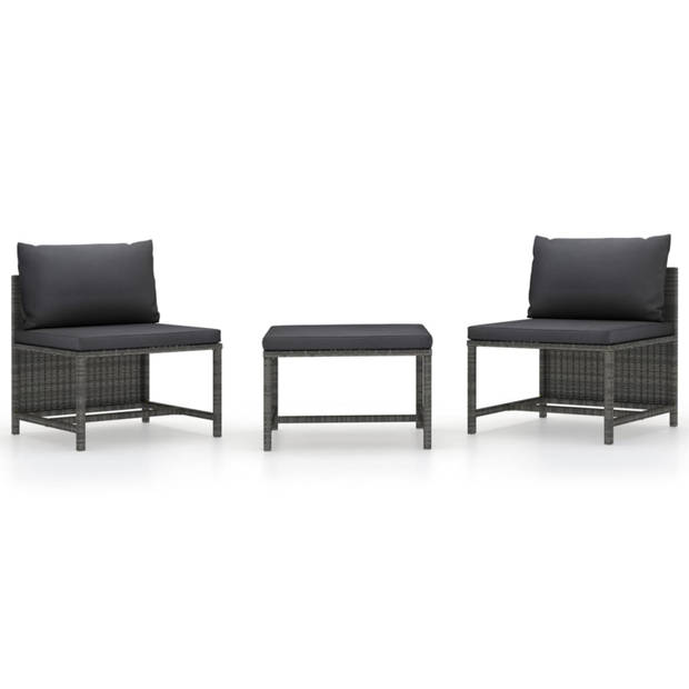 vidaXL 3-delige Loungeset met kussens poly rattan grijs