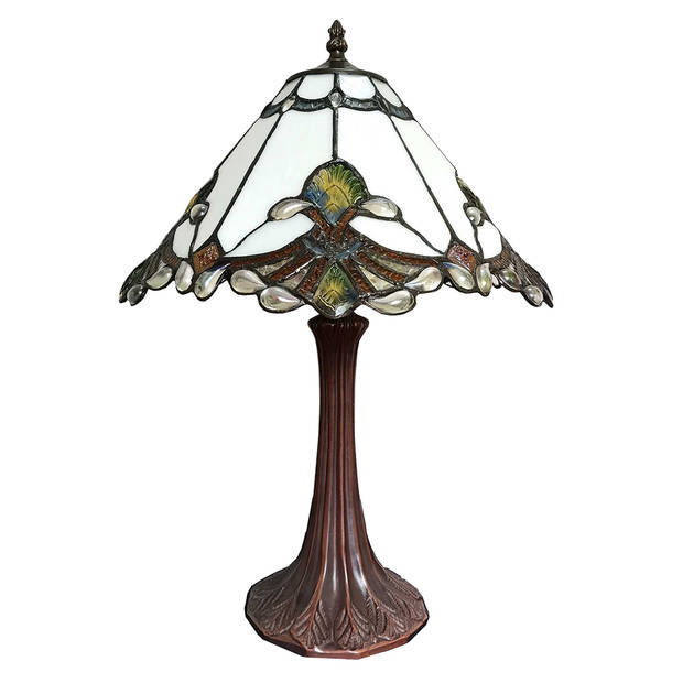 HAES DECO - Tiffany Tafellamp Wit, Bruin, Groen Ø 31x49 cm Fitting E27 / Lamp max 1x40W