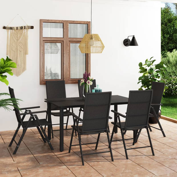 The Living Store Tuinmeubelset - PE-rattan - Zwart - Tafel- 150x90x74 cm - Stoel- 55x64x105 cm - 7 posities kantelbare