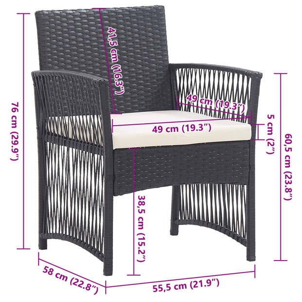 vidaXL Tuinstoelen met kussens 2 st poly rattan zwart