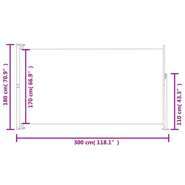 The Living Store Zijscherm Uittrekbaar - 180 x (0-300) cm - UV- en scheurbestendig - Zwart