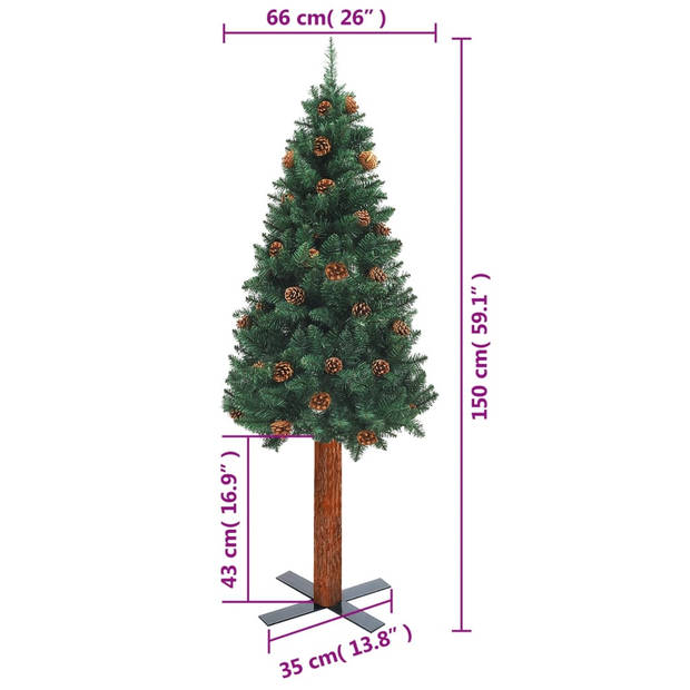 vidaXL Kerstboom met echt hout en dennenappels smal 150 cm PVC groen